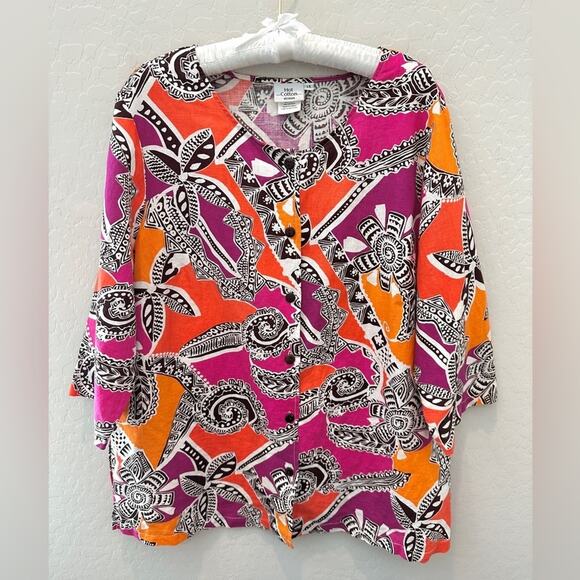 HOT COTTON | Plus Size Linen Cotton Bright Colorful Abstract Boho Top | 1X - Picture 1 of 7